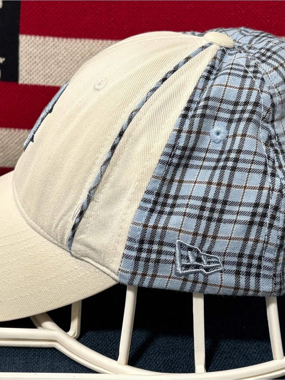 New Era Women's Reversible Cap in Blue Plaid and Cream